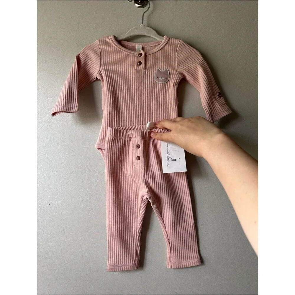 Wren Harper Blush Pink Ribbed Henley Baby Bodysuit with Pants Set Size 0-3 M NWT